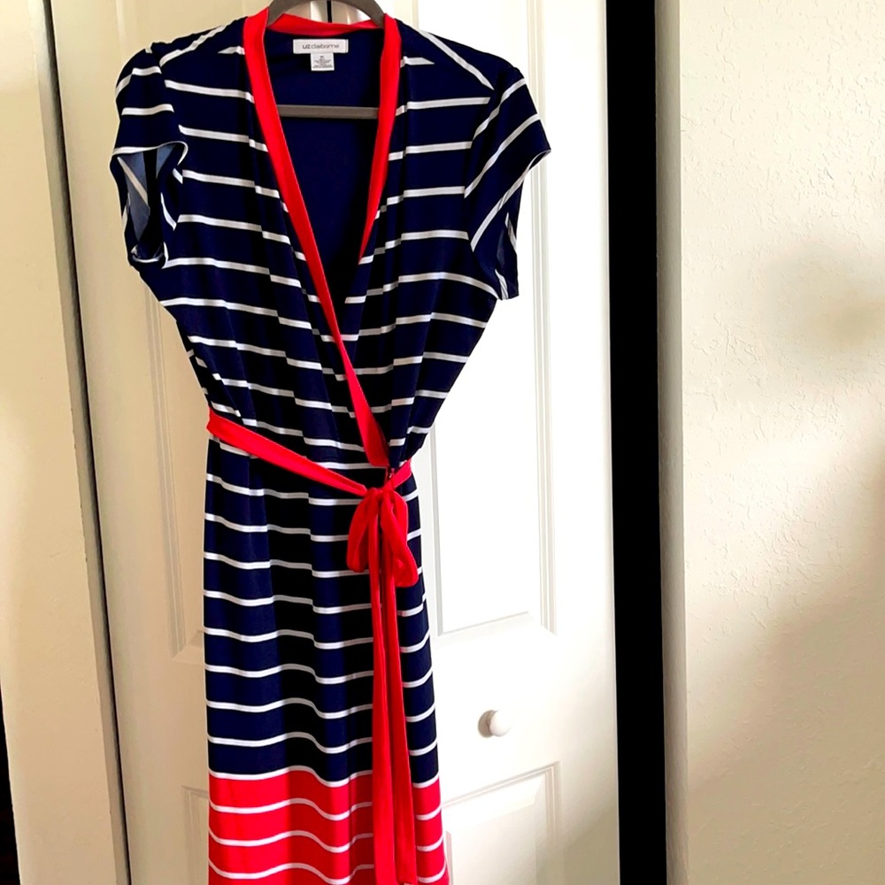 Navy and coral wrap dress